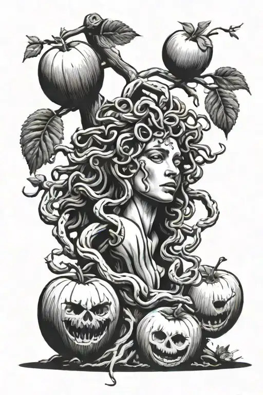realistic Medusa by a tall apple tree with two rotten apples on the ground tattoo design idea