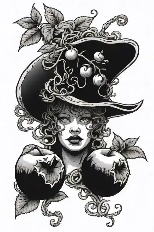 Medusa next to an apple tree with two rotten apples on the ground tattoo design idea