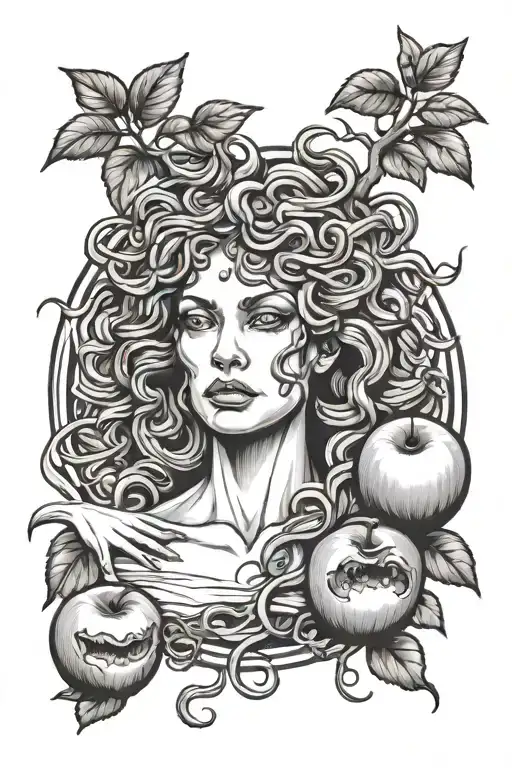 Medusa in front of an apple tree with two rotten apples on the ground tattoo design idea
