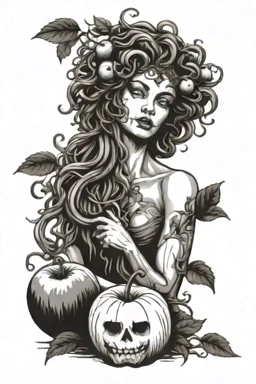 Medusa in front of an apple tree with two rotten apples on the ground tattoo design idea