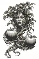 realistic Medusa by a tall apple tree with two rotten apples on the ground tattoo design idea