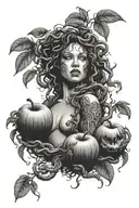 realistic Medusa by a tall apple tree with two rotten apples on the ground tattoo design idea