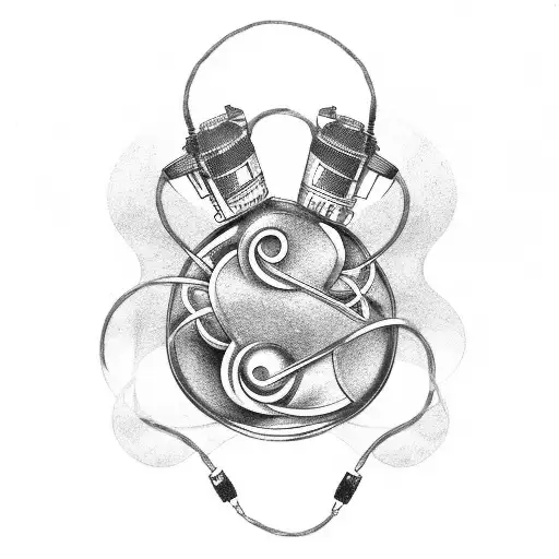 A car engine intertwined with musical instruments, symbolizing the harmony between cars and music tattoo design idea