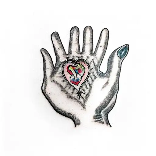 hand with jewellary rings on fingers holding human heart tattoo design idea