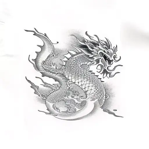 castillo chino, rodeado por un dragon, con dos peces koi tattoo design idea