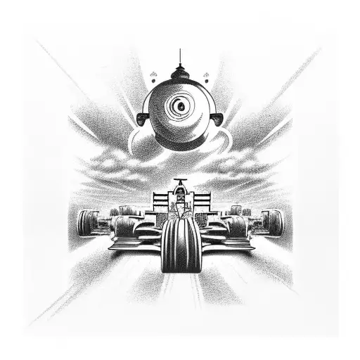 A Formula 1 car racing through a Jojo's Bizarre Adventures scene tattoo design idea