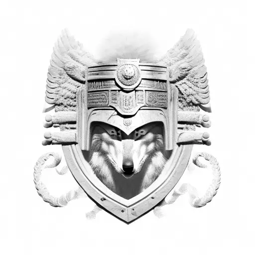 full roman legionnaire with faceshield, wolf headdress and shadows, on the shield inscribed "memento mori" tattoo design idea