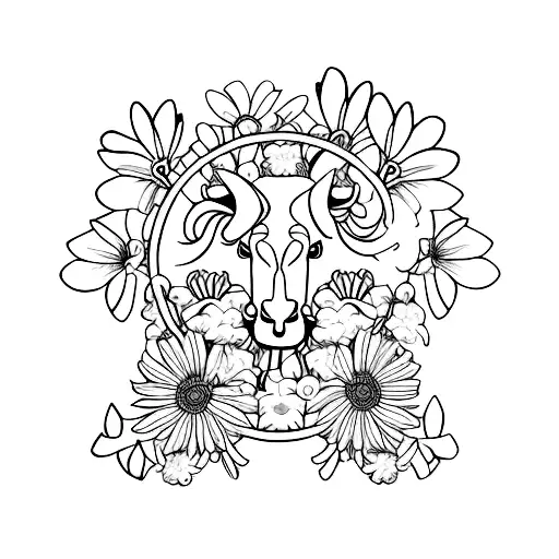 A minimalist Chinese zodiac ox intertwined with daisies and sweet peas to represent your daughters tattoo design idea
