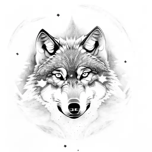 wolf in forest with sky full of stars and full moon tattoo design idea