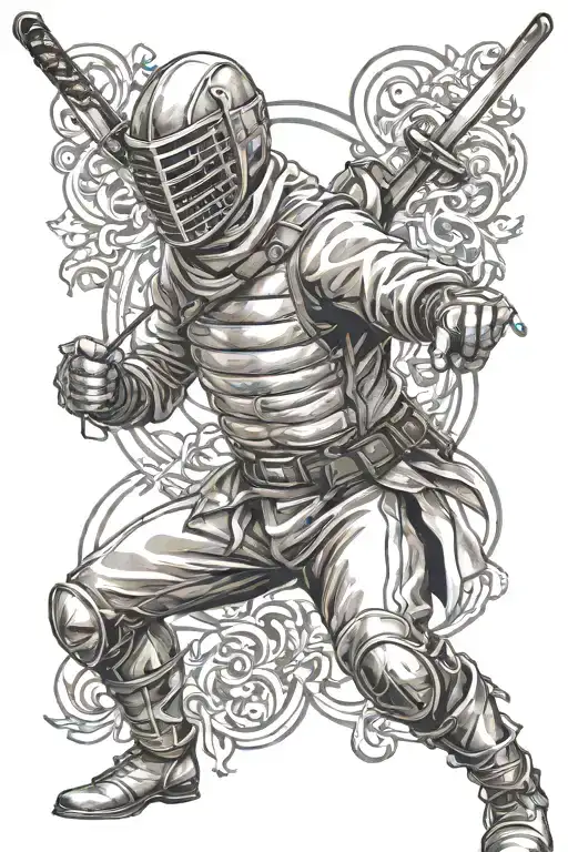 sports fencing, sword, mask, athlete lunges tattoo design idea