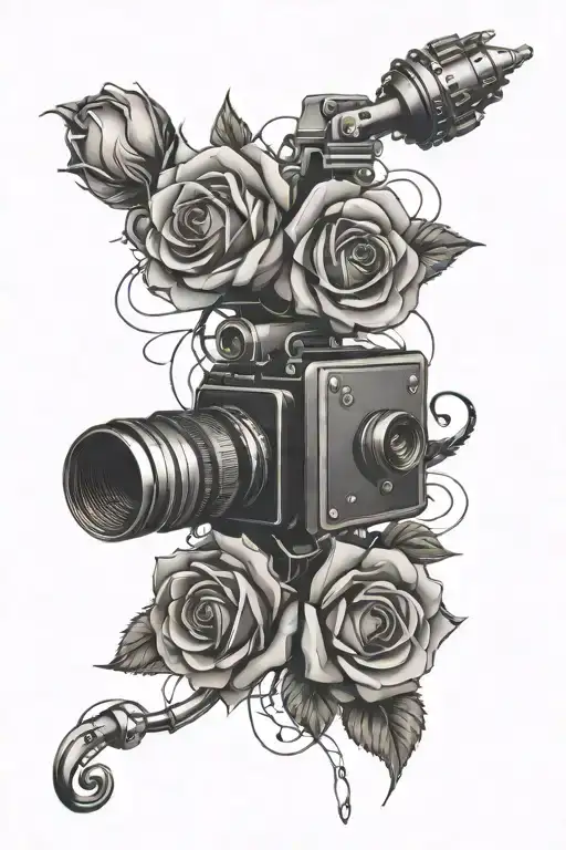 roses with music notes and video camera lens morphing tattoo design idea