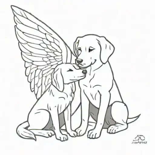 A minimalist design of a dog and angel embracing, symbolizing the client's love for both creatures and the concept of love itself tattoo design idea