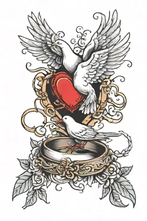A wedding dove dropping  wedding rings into a broken heart  tattoo design idea