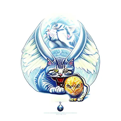 small eyed Alien xenomorphous eating a winged bull with cats head tattoo design idea