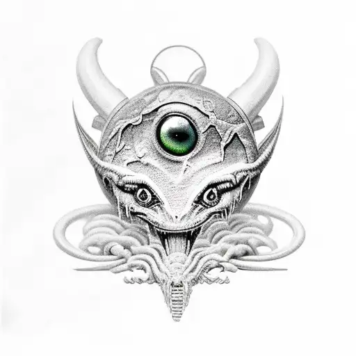 small eyes Alien xenomorphous eating a winged bull tattoo design idea