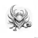 small eyes Alien xenomorphous eating a winged bull tattoo design idea