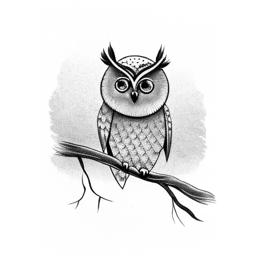 A majestic owl perched on a branch, surrounded by lush greenery tattoo design idea