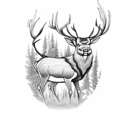 Blackwork tattoo of a stag standing in a misty woodland clearing tattoo design idea