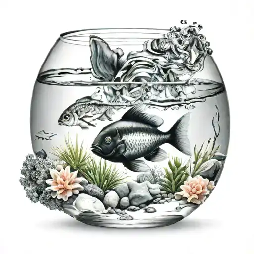 aquarium bowl with water filled up, bottom half of the water is black with a white fish and top part of the water is cle tattoo design idea