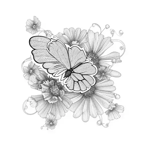 multiple butterflies around marigold and cosmos flowers tattoo design idea
