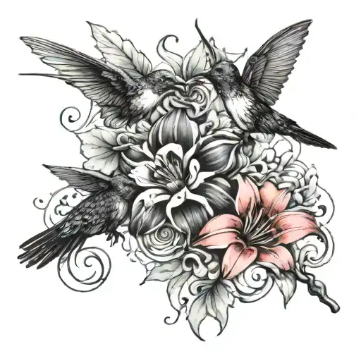 I want to design an upper arm tattoo comprised of 4 flowers, 2 hummingbirds, and a snake coiling through the flowers.  tattoo design idea