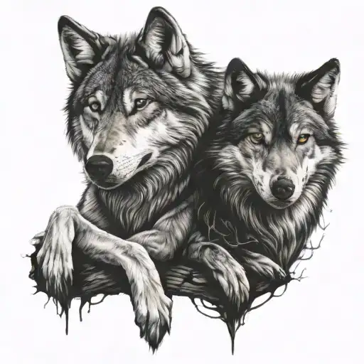 wolf and vampire couple sitting tattoo design idea