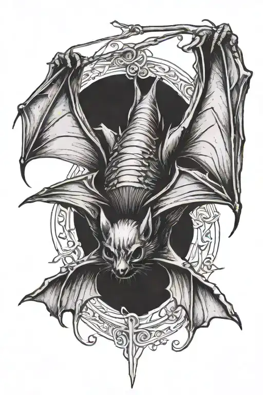 a bat hanging upside down with line  with wings tucked in tattoo design idea
