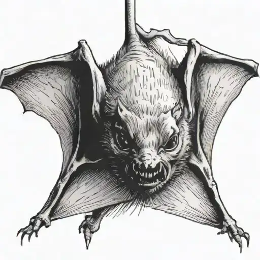 a bat hanging upside down with line shading its face tattoo design idea