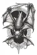 a bat hanging upside down with line  with wings tucked in tattoo design idea
