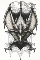 a bat hanging upside down with line  with wings tucked in tattoo design idea