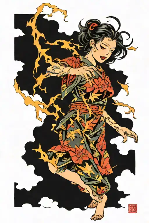 girl child, muse, lightning, falling leaf lightning strikes tattoo design idea