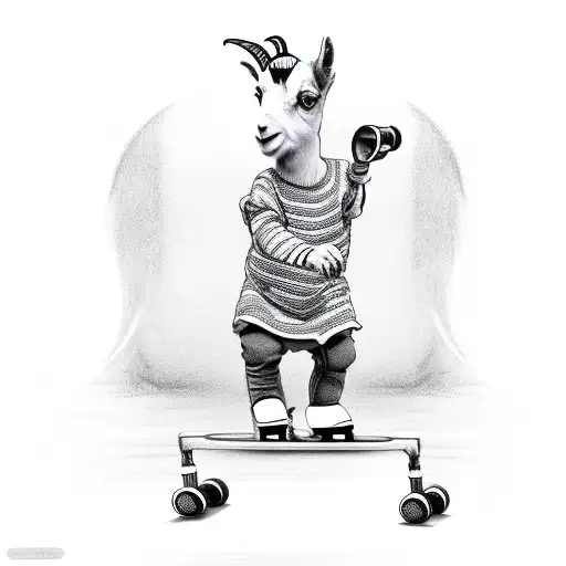 dancing baby goat standing on two rollerskates with tattoo design idea