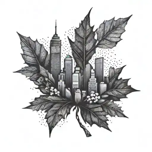 A tattoo design of the Montreal skyline with a maple leaf incorporated, representing your favorite city and country, Canada tattoo design idea