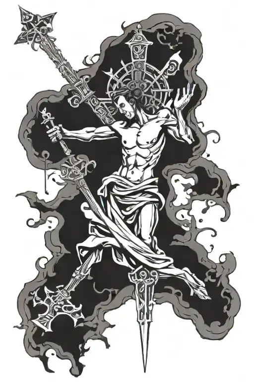 The cross made out of a sword piercing a stone angel laying tattoo design idea