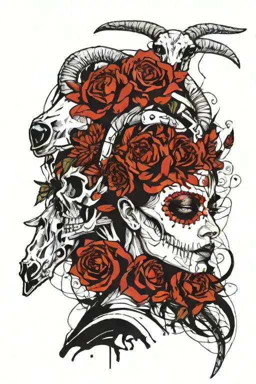 A girl with a goat skull mask on her face,with sunflowers and in a black long dress tattoo design idea
