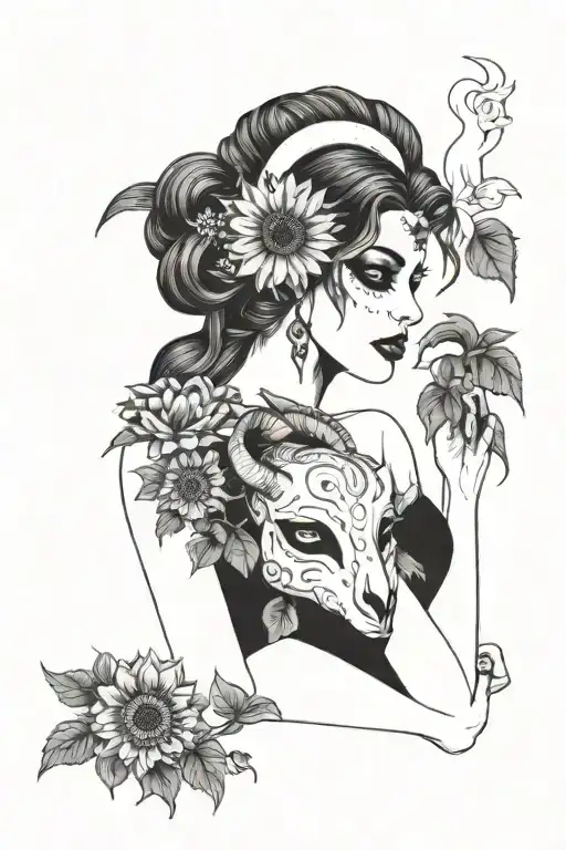 A girl in a black Gothic long dress with a goat mask on her face and a sunflower in her hands tattoo design idea