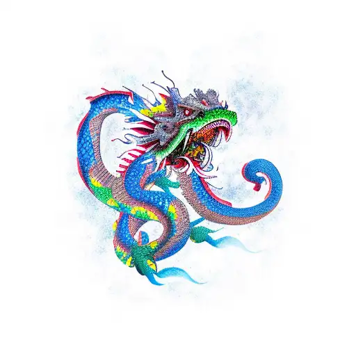 A Japanese dragon breathing colorful smoke in a new-school style tattoo design idea