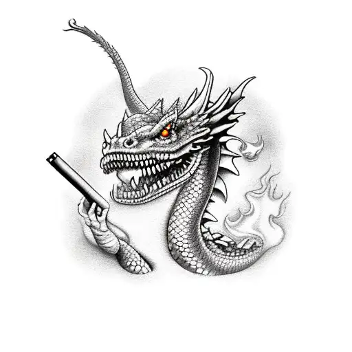 A realistic portrayal of a smoking dragon surrounded by traditional Japanese elements tattoo design idea