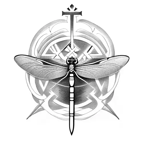 cross, sword, dragonfly, 7 forget-me-not flowers, Nihil Sine Deo tattoo design idea