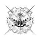 cross, sword, dragonfly, 7 forget-me-not flowers, Nihil Sine Deo tattoo design idea