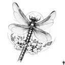 cross, sword, dragonfly, 7 forget-me-not flowers, Nihil Sine Deo tattoo design idea