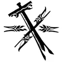 metal at top cross changes to sword at end with phrase Nihil Sine Deo steel cut into blade, forget-me-not flowers,  tattoo design idea