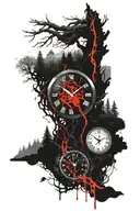 clock exploded into forest, landscape tattoo featuring Ireland and god tattoo design idea