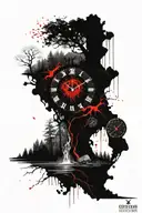 clock exploded into forest, landscape tattoo featuring Ireland and god tattoo design idea