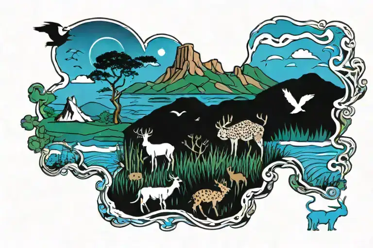 South Africa landscape tattoo featuring table mountain and endemic animals tattoo design idea