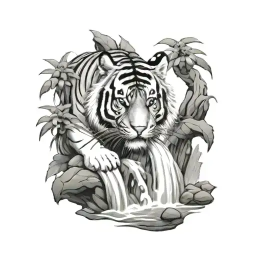 waterfall Asian style with Tiger coming out of water tattoo design idea