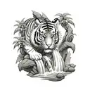 waterfall Asian style with Tiger coming out of water tattoo design idea