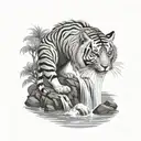 waterfall Asian style with Tiger coming out of water tattoo design idea