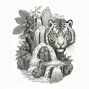 waterfall Asian style with Tiger coming out of water tattoo design idea