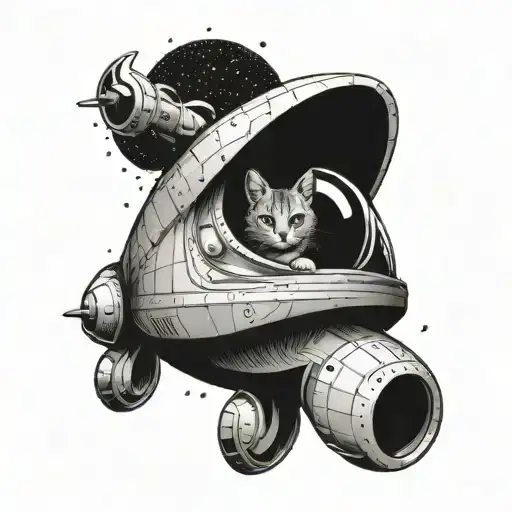 a calm stoic cat inside a rocket ship simple design tattoo design idea